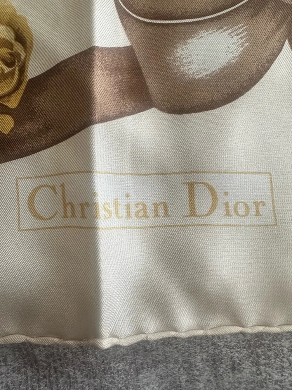 Dior Cream Silk Scarf with Pink Roses and Gold Accents